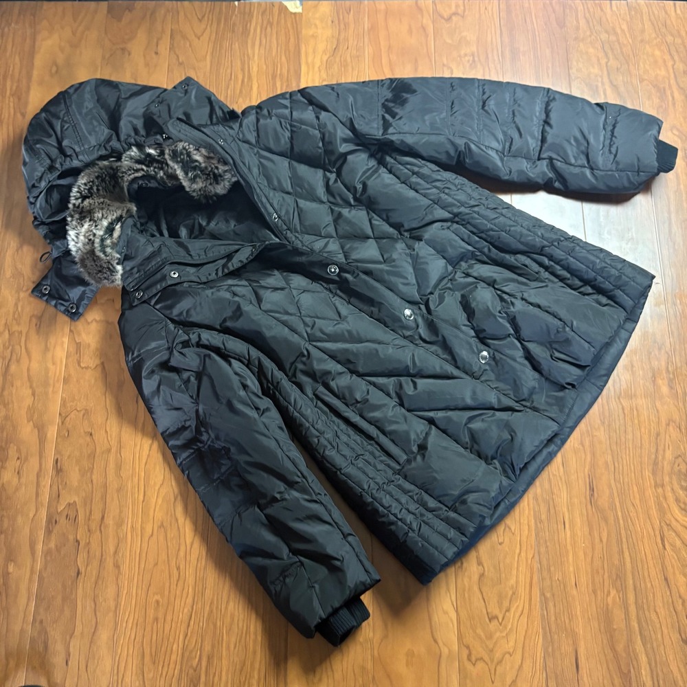 London Fog Black Quilted Down Puffer Coat Faux Fur Hood XL